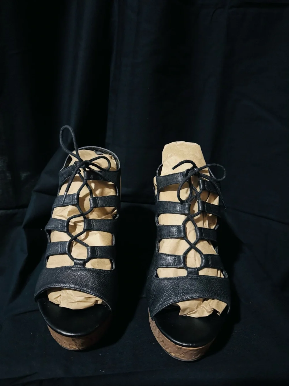 Franco Sarto black leather Cage lace-up Cork Wedge Sandals - Women